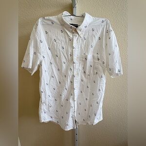 Abercrombie & Fitch Men's White Button Down Shirt with Blue Anchors - Size L